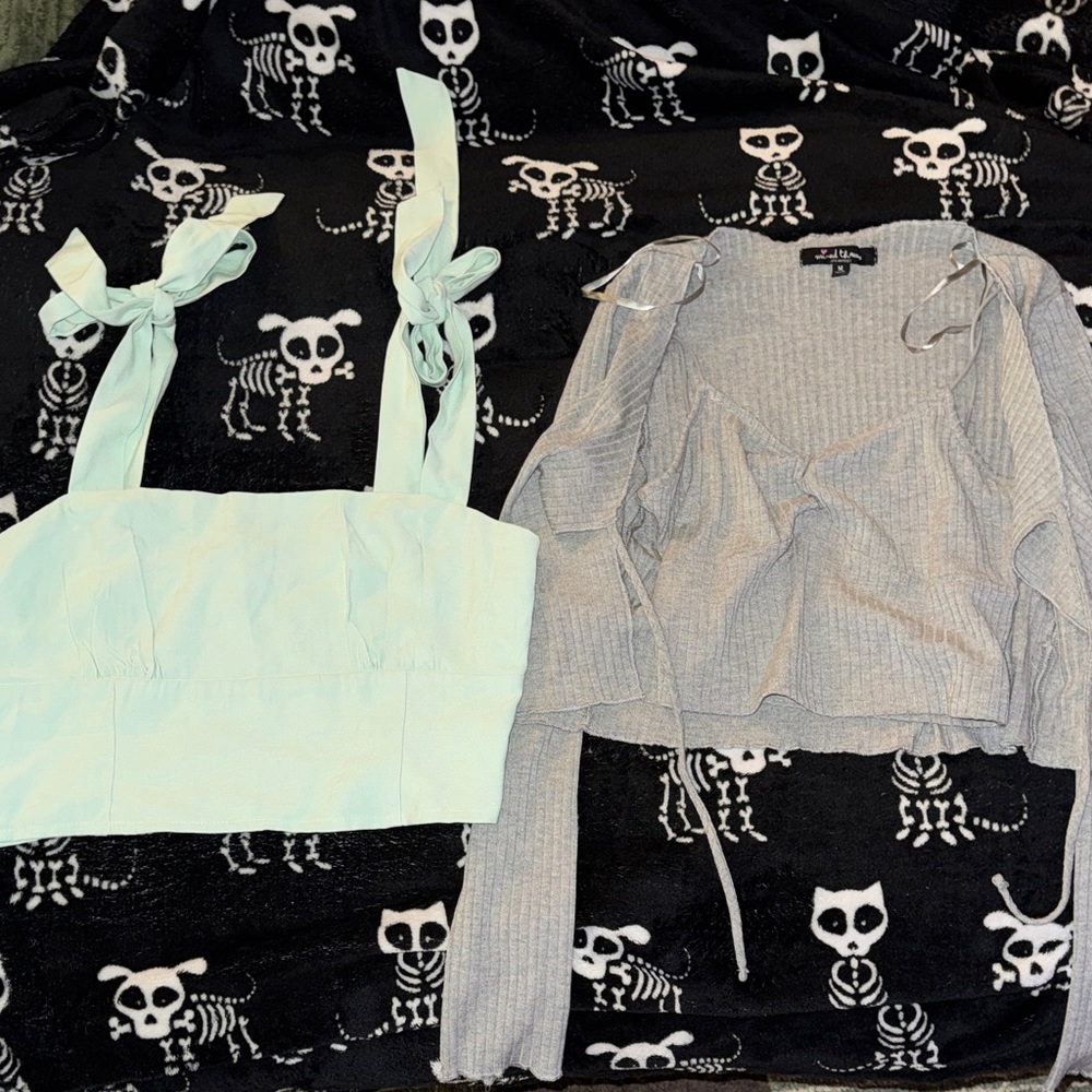 Zara Pale Mint Tie-Shoulder Crop Top & Light Gray Ribbed Wrap Duo